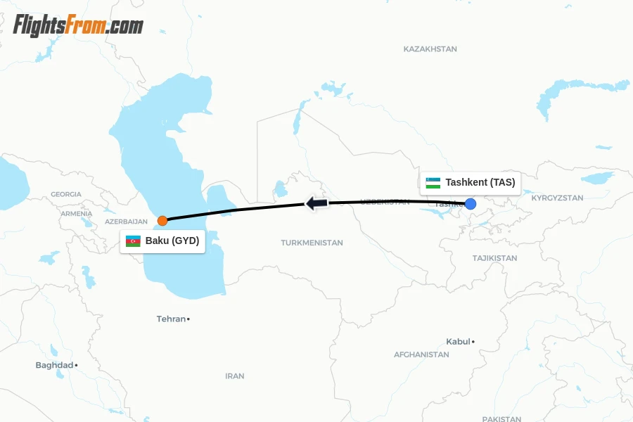 Flights from Tashkent to Baku route map