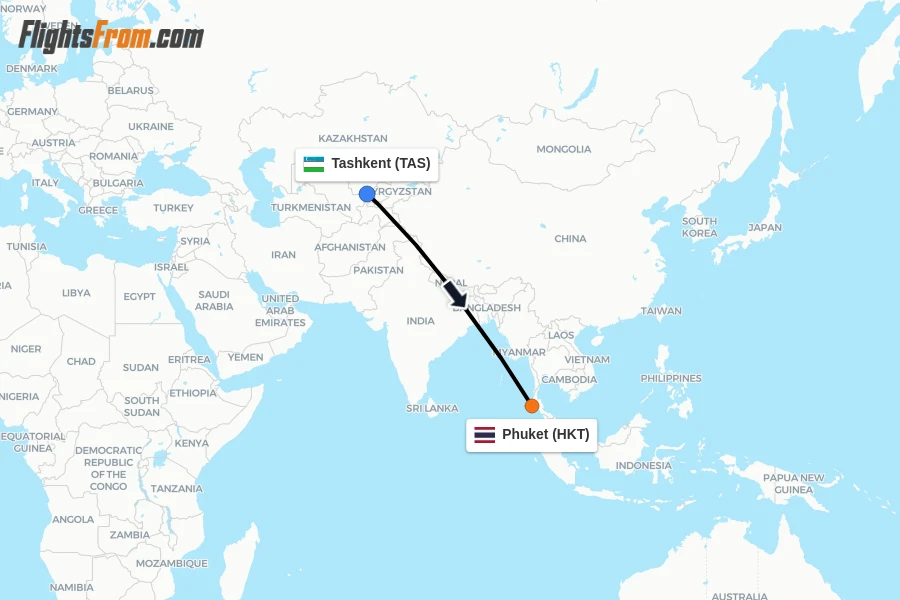 Flights from Tashkent to Phuket route map