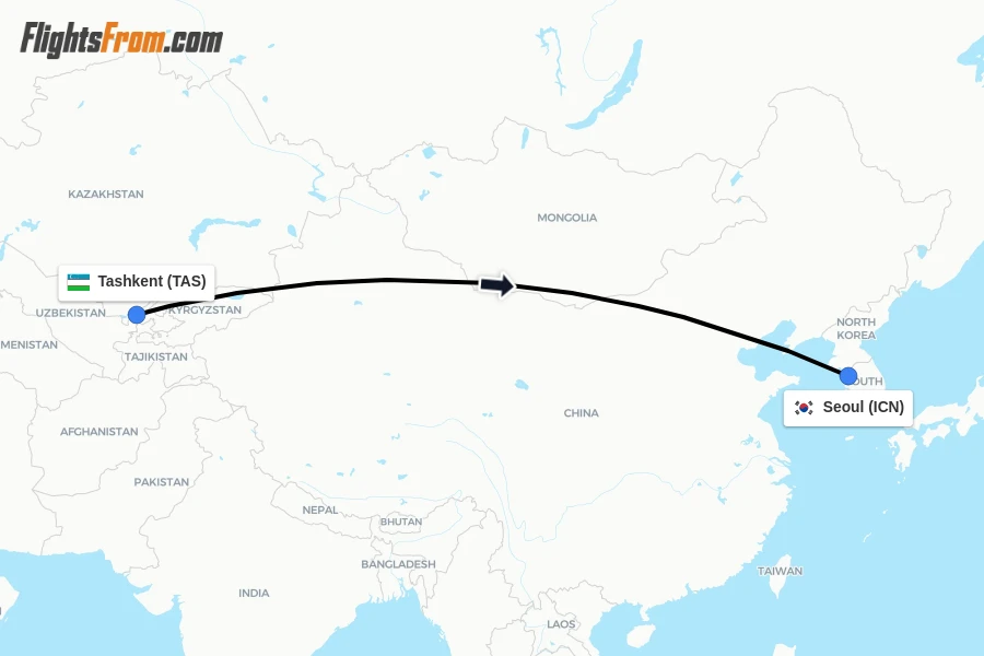 Flights from Tashkent to Seoul route map