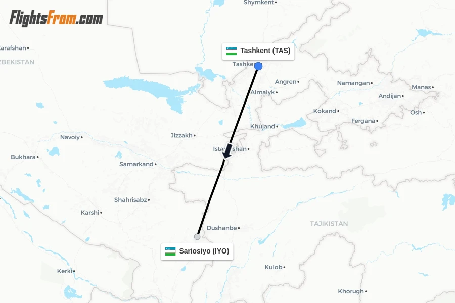 Flights from Tashkent to Sariosiyo route map