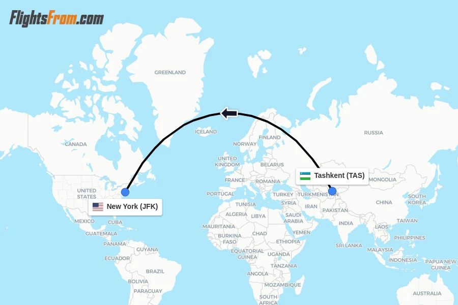 Flights from Tashkent to New York route map
