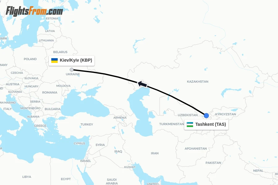 Flights from Tashkent to Kiev/Kyiv route map