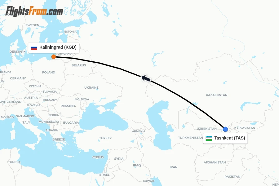 Flights from Tashkent to Kaliningrad route map