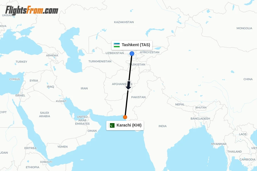 Flights from Tashkent to Karachi route map