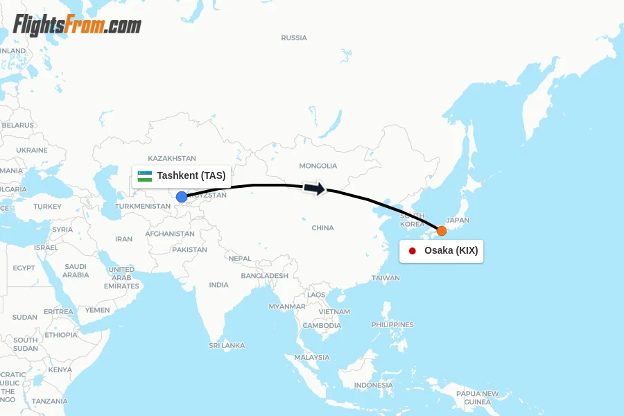 Flights from Tashkent to Osaka route map