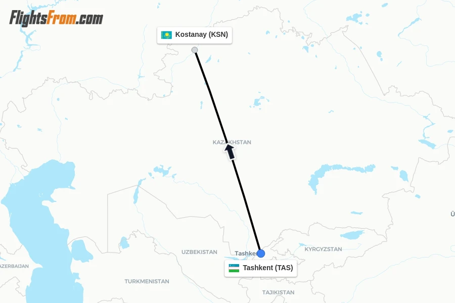Flights from Tashkent to Kostanay route map