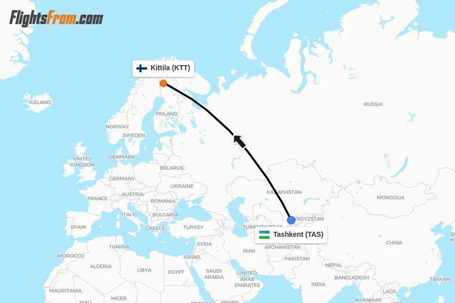Flights from Tashkent to Kittila route map