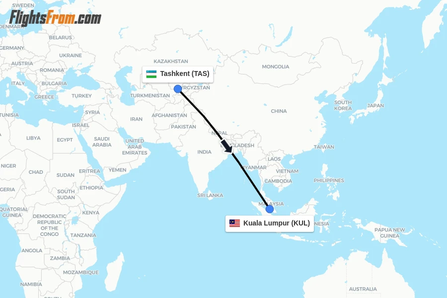 Flights from Tashkent to Kuala Lumpur route map