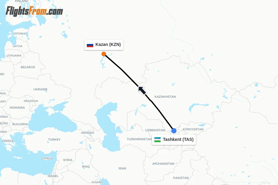 Flights from Tashkent to Kazan route map