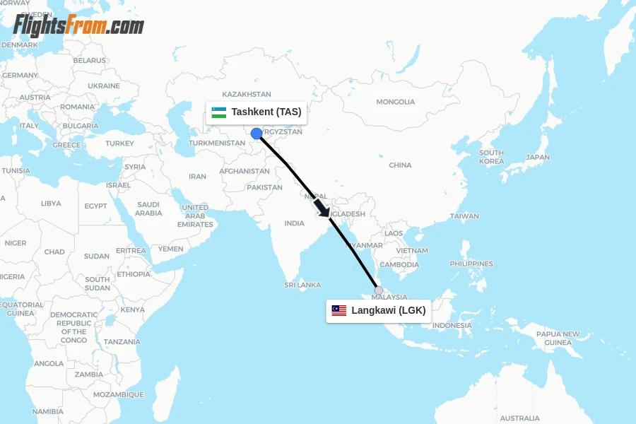 Flights from Tashkent to Langkawi route map