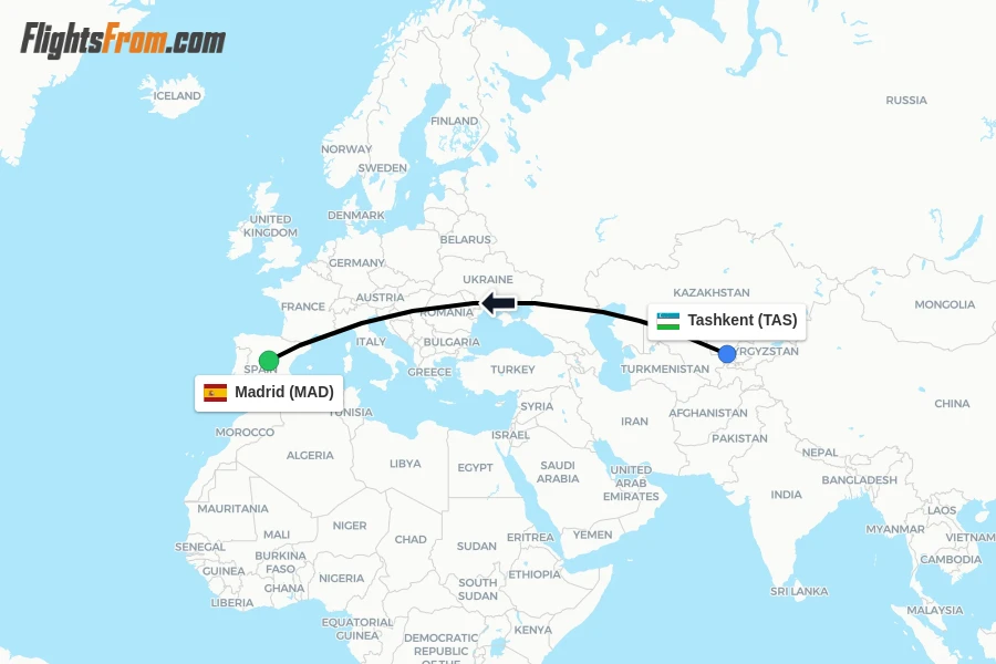 Flights from Tashkent to Madrid route map