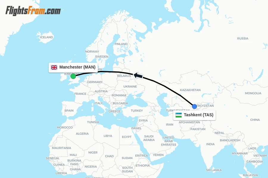 Flights from Tashkent to Manchester route map