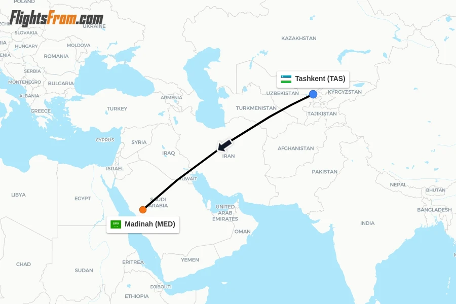Flights from Tashkent to Madinah route map