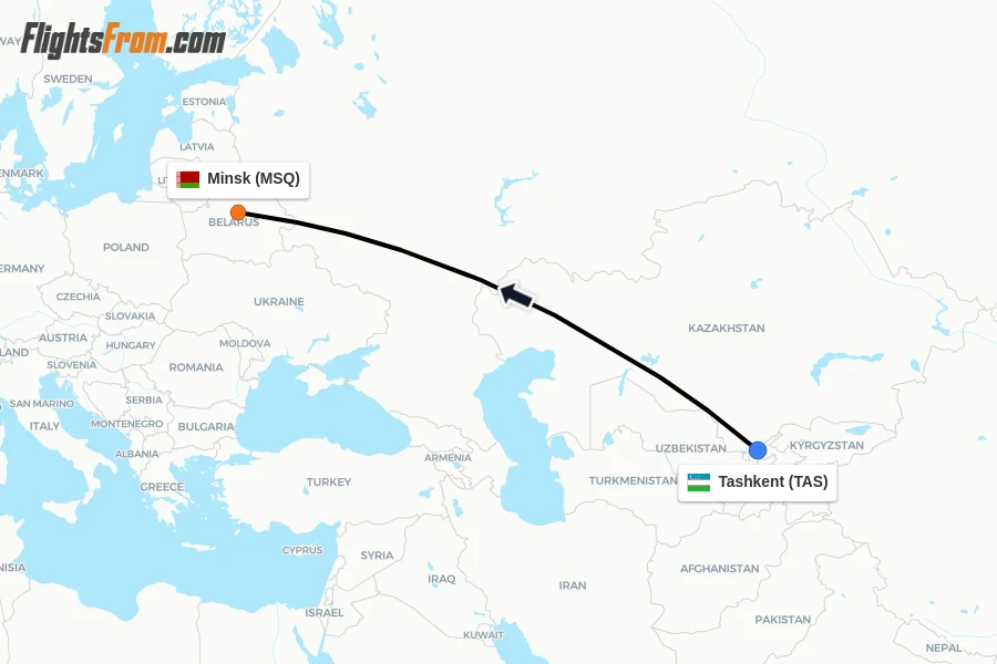 Flights from Tashkent to Minsk route map