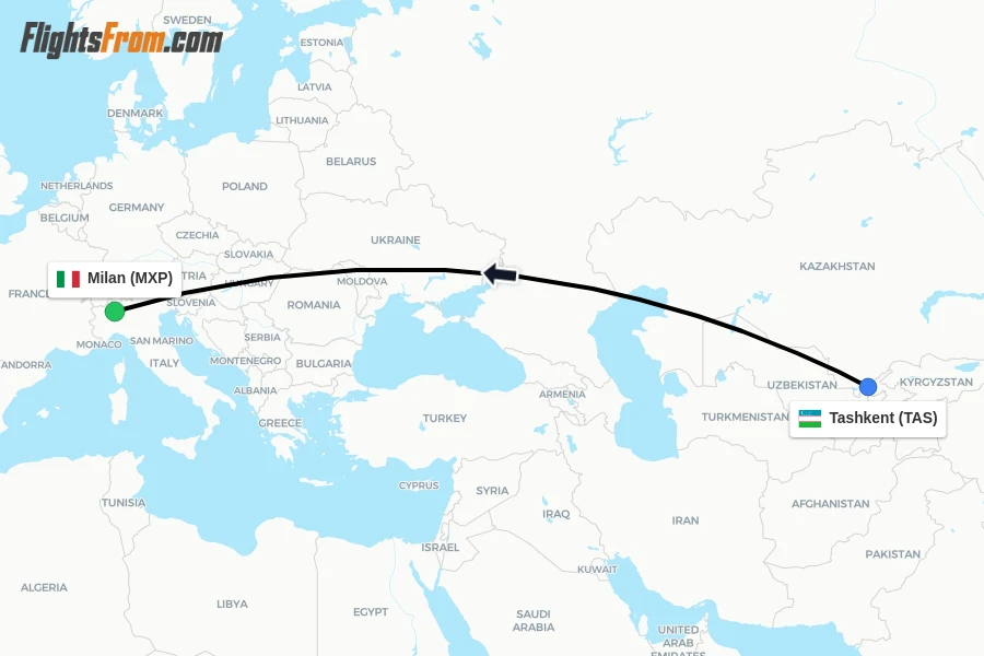 Flights from Tashkent to Milan route map