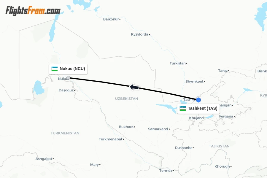 Flights from Tashkent to Nukus route map