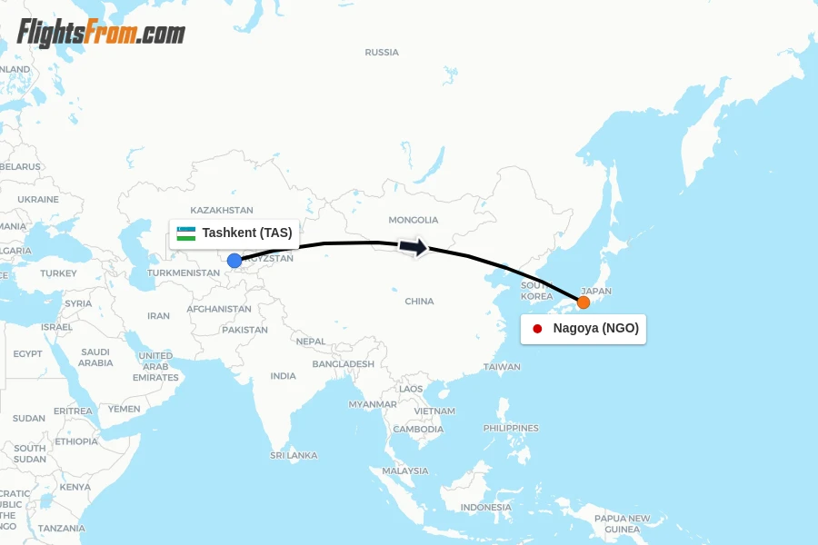 Flights from Tashkent to Nagoya route map