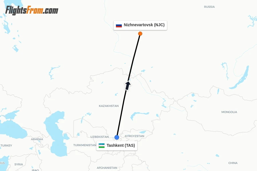Flights from Tashkent to Nizhnevartovsk route map