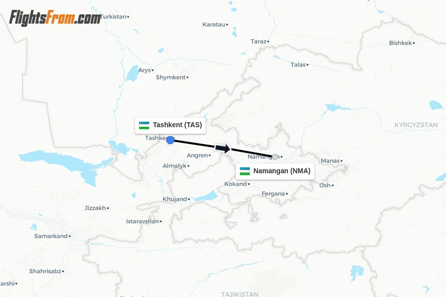 Flights from Tashkent to Namangan route map