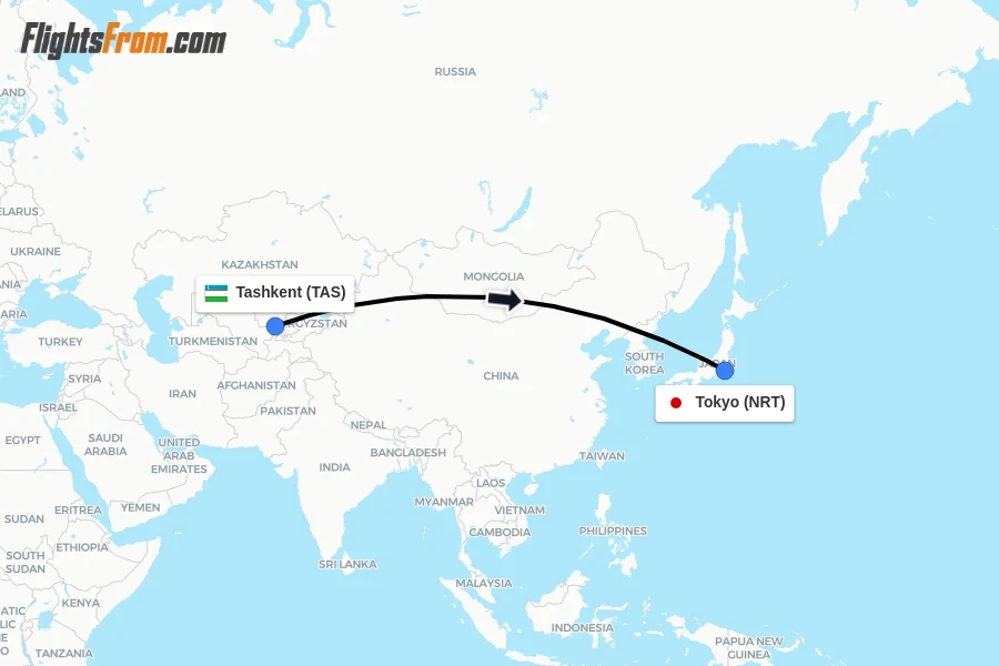 Flights from Tashkent to Tokyo route map