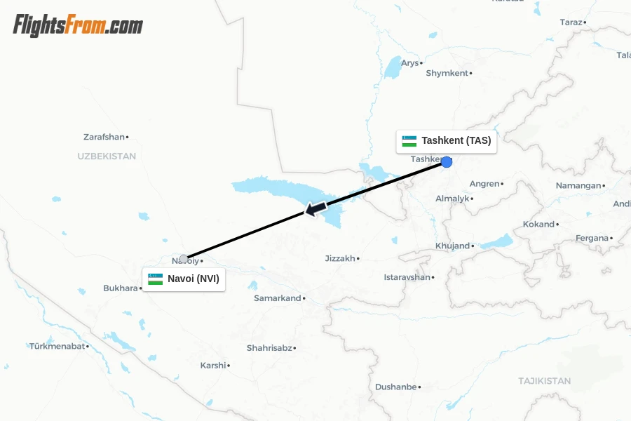 Flights from Tashkent to Navoi route map