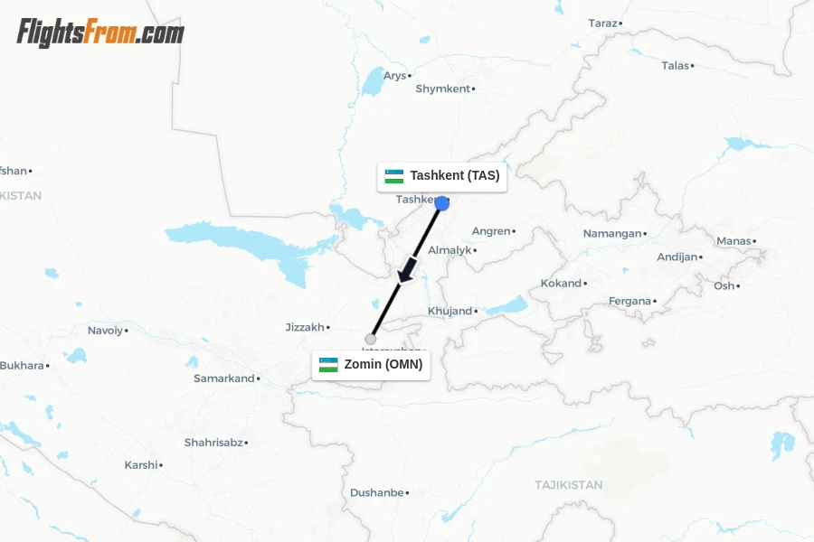 Flights from Tashkent to Zomin route map