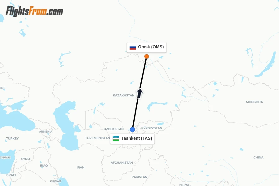 Flights from Tashkent to Omsk route map