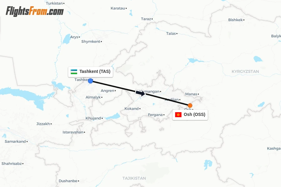 Flights from Tashkent to Osh route map