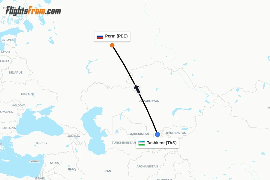 Flights from Tashkent to Perm route map