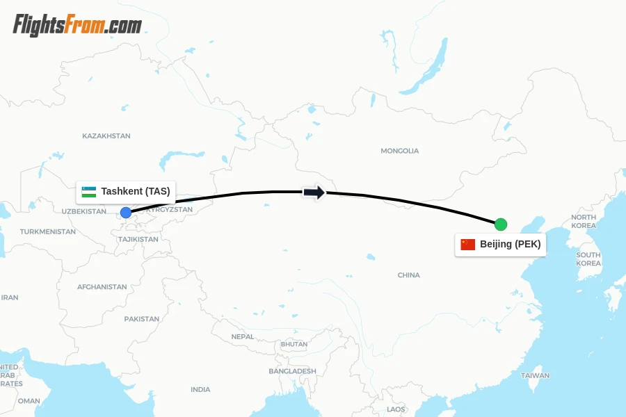 Flights from Tashkent to Beijing route map