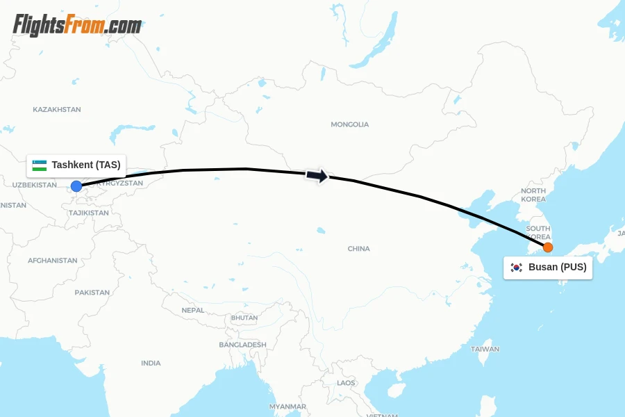 Flights from Tashkent to Busan route map