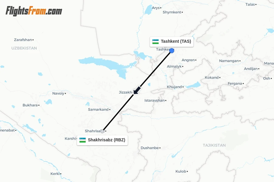Flights from Tashkent to Shakhrisabz route map