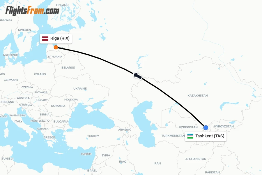 Flights from Tashkent to Riga route map