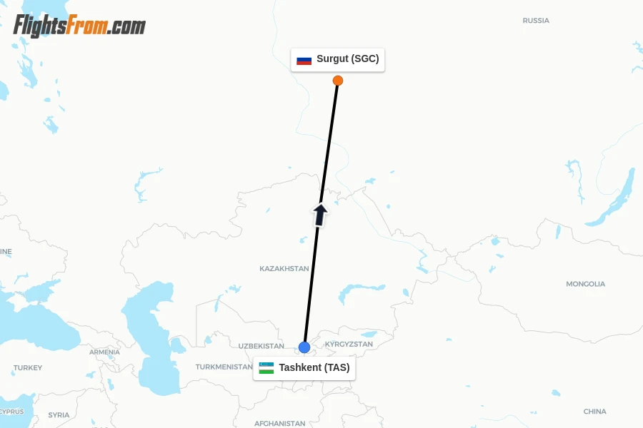 Flights from Tashkent to Surgut route map