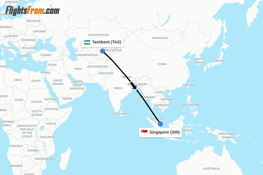 Flights from Tashkent to Singapore route map