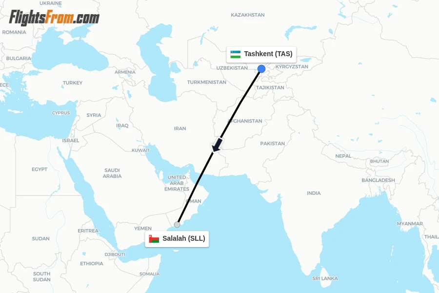 Flights from Tashkent to Salalah route map