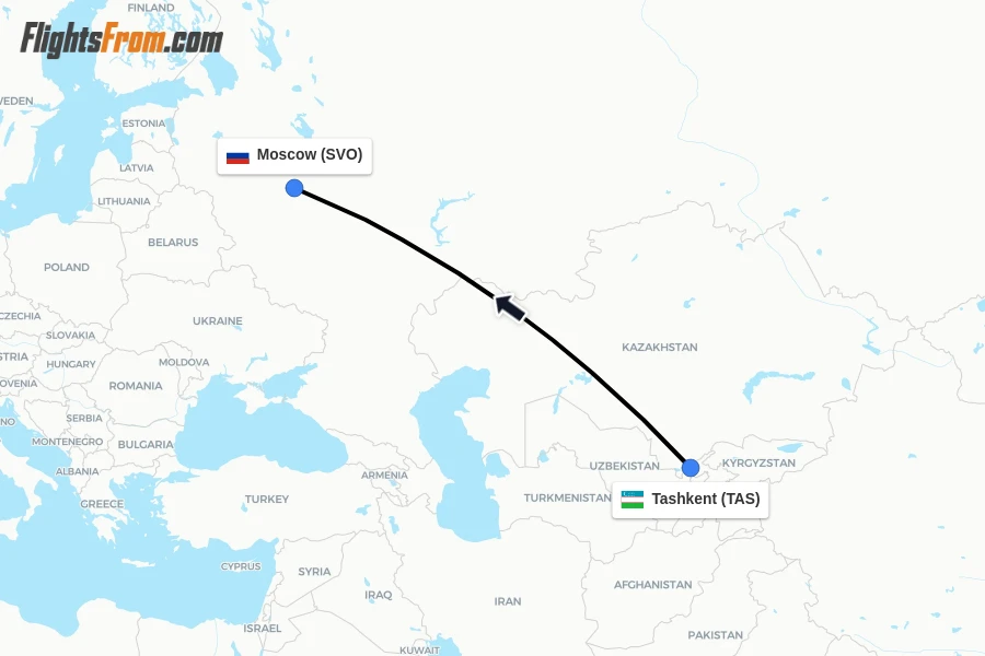 Flights from Tashkent to Moscow route map
