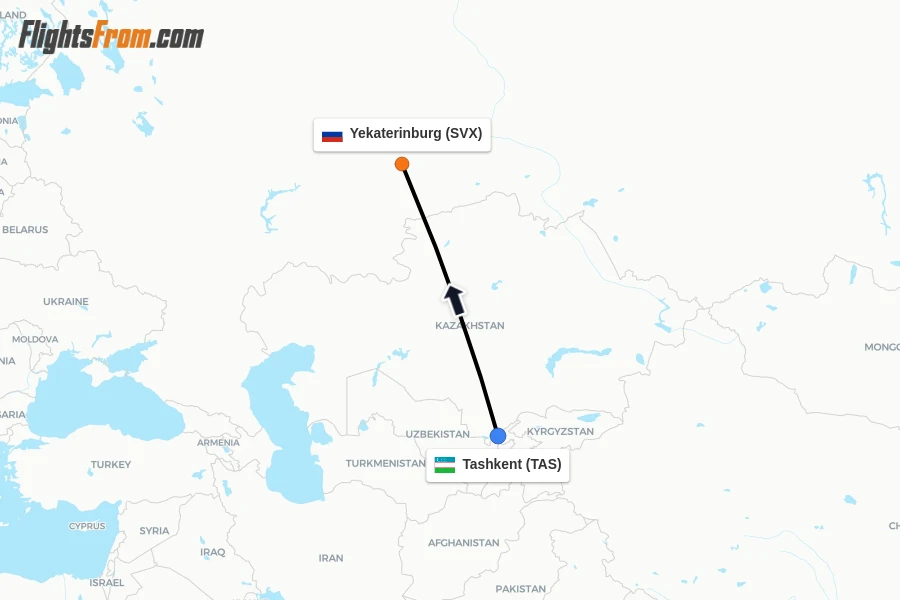 Flights from Tashkent to Yekaterinburg route map