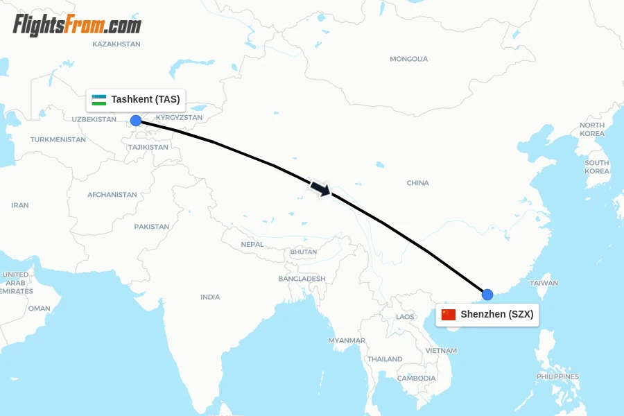 Flights from Tashkent to Shenzhen route map