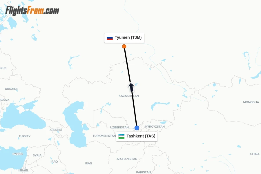 Flights from Tashkent to Tyumen route map