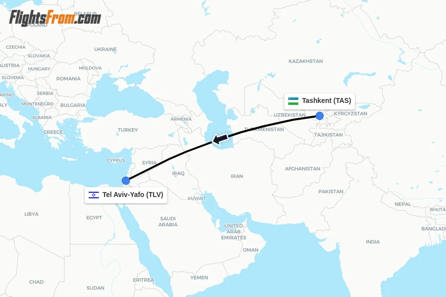 Flights from Tashkent to Tel Aviv-Yafo route map