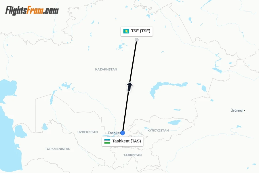 Flights from Tashkent to TSE route map