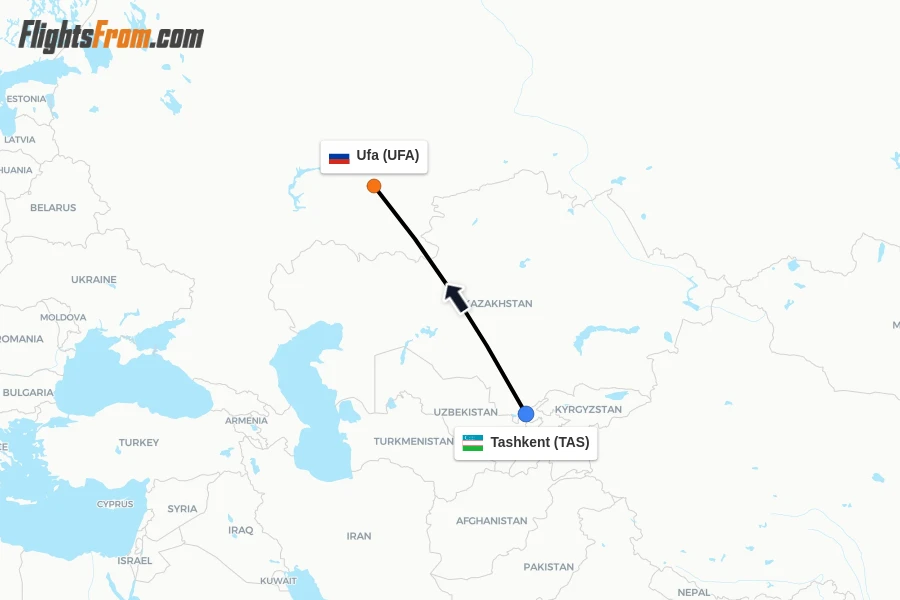 Flights from Tashkent to Ufa route map