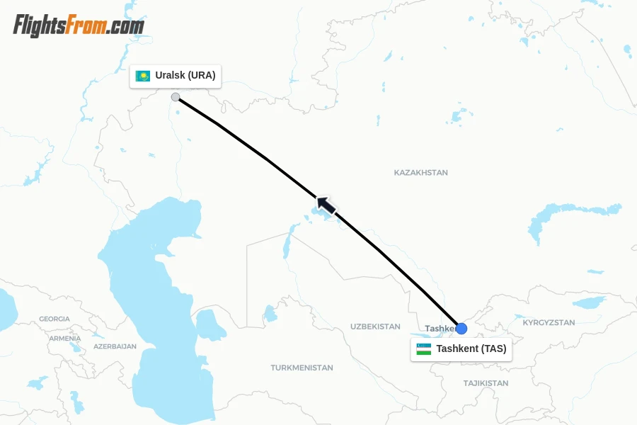 Flights from Tashkent to Uralsk route map