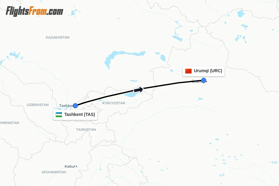 Flights from Tashkent to Urumqi route map