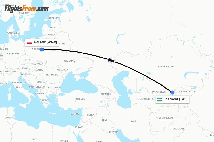 Flights from Tashkent to Warsaw route map