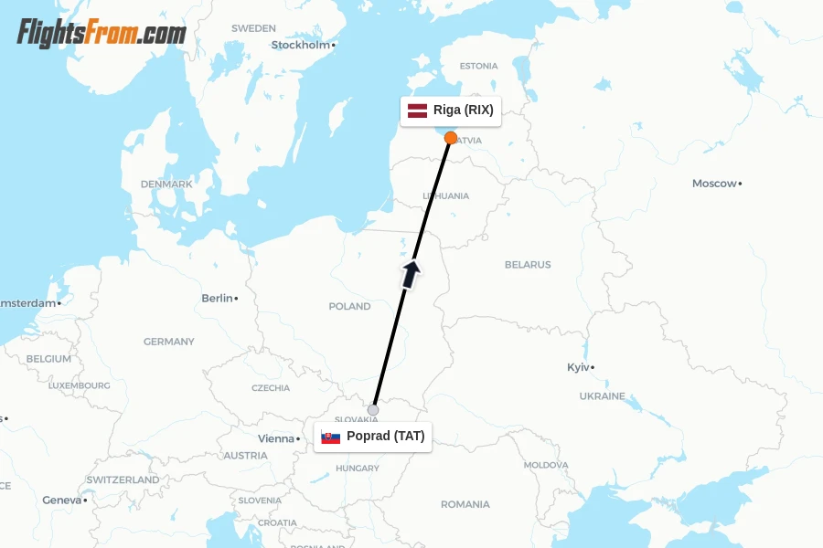 Flights from Poprad to Riga route map