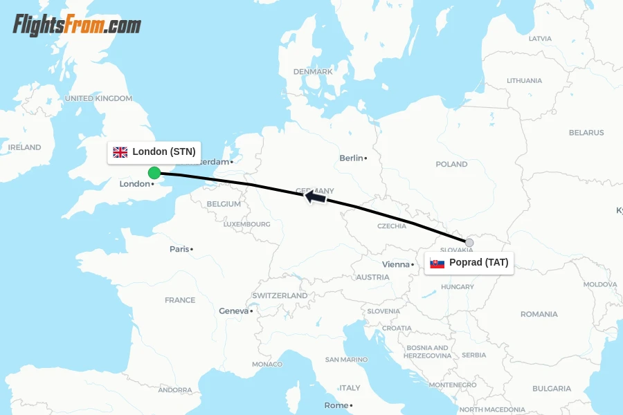 Flights from Poprad to London route map