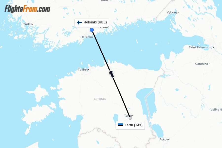 Flights from Tartu to Helsinki route map