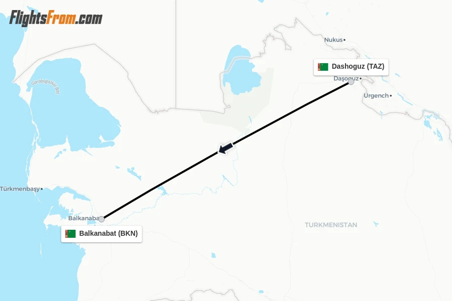 Flights from Dashoguz to Balkanabat route map